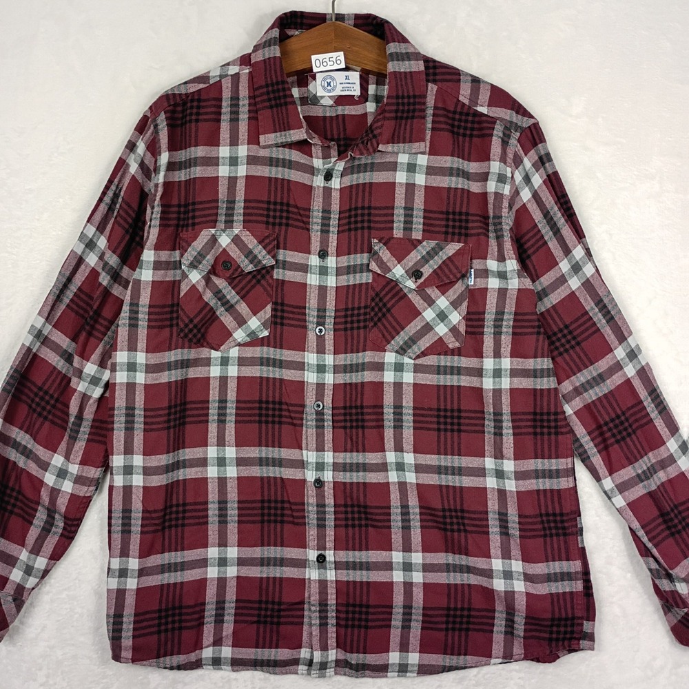 Hurley Plaid Button Down Shirt Mens XL Burgundy Flannel Long Sleeve Outdoors